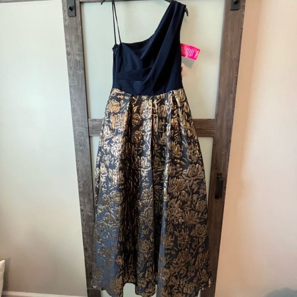 NWT - Betsy & Adam Navy Blue & Gold One-Shoulder Formal Gown